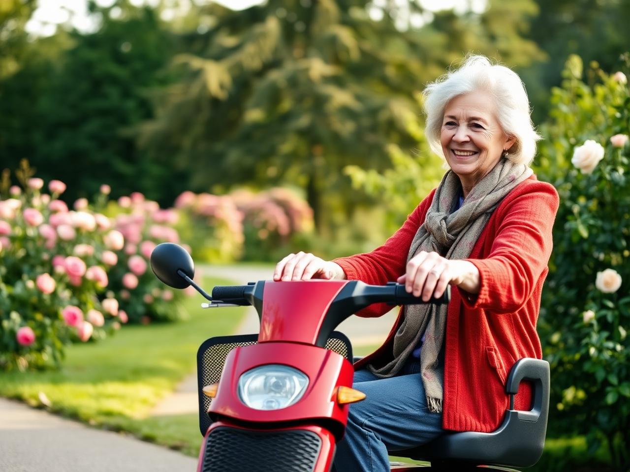 A happy Red Rose Mobility customer riding her scooter through a rose garden