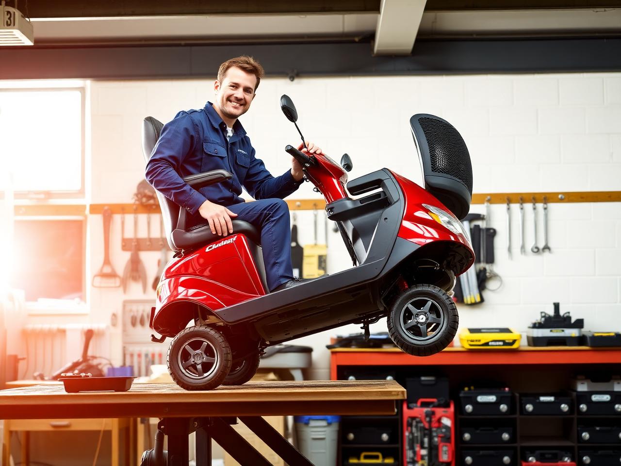 A Red Rose Mobility technician servicing a mobility scooter in the workshop
